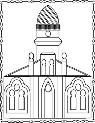 Traditional asian pagoda in rural landscape, black line art of historic architecture among fields and cloudy sky