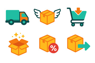Vibrant Free Shipping Icons. Free Shipping Icons icons in modern flat : delivery truck with free label, package with wings, shopping cart with arrow,