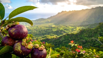 Close-up on mangosteen fruit with a lush tropical valley and sun-drenched mountains