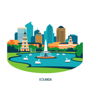 Stylized vector illustration of Lake Eola Park featuring the iconic fountain swimming swans and a colorful city skyline.