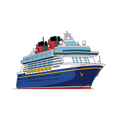 Obraz premium Stylized cartoon cruise ship with a dark blue hull yellow trim and prominent red funnels.