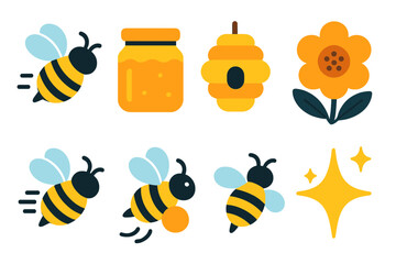 Busy Bee Icons. Busy Bee icons in modern flat : flying bee, honey jar, hive icon, flower blossom, buzzing motion, bee with pollen, glowing spark,