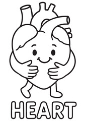 coloring book heart hugging itself with smile, anatomy illustration for kids, black white line art positive activity