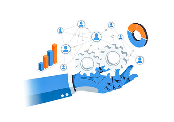 Robotic hand holding gears and business analytics isolated on transparent background