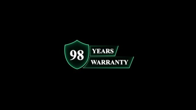 98 Years Warranty Shield Emblem ninety eight guarantee . Glowing neon animation and black background.