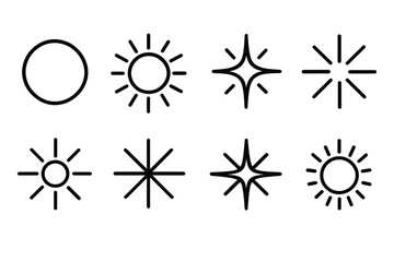 Fototapeta premium Sun Flare Icons. Sun Flare icons in outline style: glowing circle, radiant sun, solar sparkle, light burst, shining orb, flare beams, star glow,