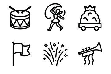 Fototapeta premium Parade Icons Collection. Street Parade Icons icons in outline style: marching band drum, dancer with ribbon, parade float, waving flag, confetti