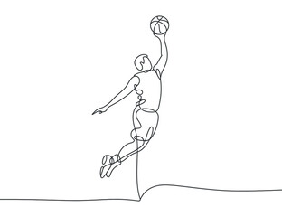 Basketball player in continuous line drawing dunking ball sports outline concept