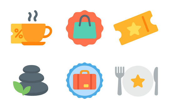 Lifestyle Reward Icons. Lifestyle Rewards icons in modern flat : coffee cup voucher, shopping bag badge, movie ticket star, spa stone icon, travel