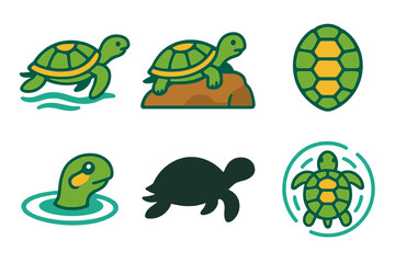Obraz premium Colorful Turtle Icons. Pond Turtle Icons icons in modern flat : turtle swimming, turtle on rock, turtle shell close-up, turtle head above water,