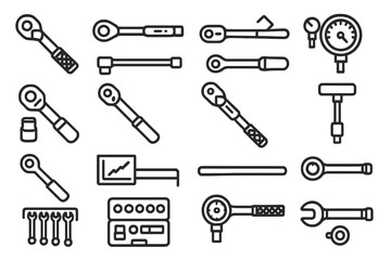 Obraz premium Industrial Wrench Icons. Industrial Torque Wrench Icons icons in outline style: heavy ratchet wrench, digital torque wrench, beam style wrench,