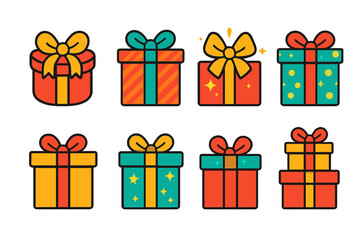 Fototapeta premium Gift boxes flat icon set. featuring sparkling, polka dot, ribbon, striped, circular, star-patterned symbols