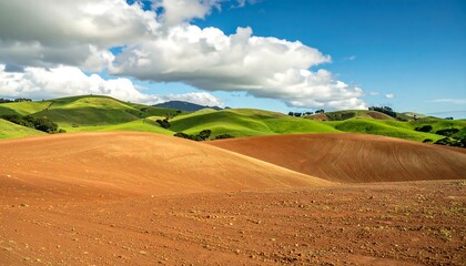 Rolled terracotta fields precede rolling green hills under a partially cloudy sky