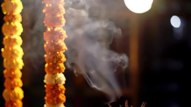 Incense smoke rising from garlands of marigold flowers in a dimly lit space.