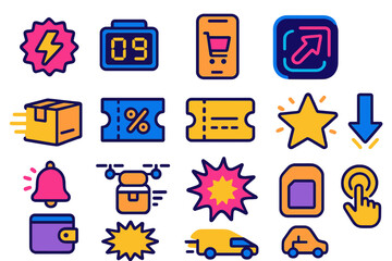 Obraz premium E-commerce gradient icon set. featuring discount, delivery, phone, shopping cart, bell, and wallet symbols