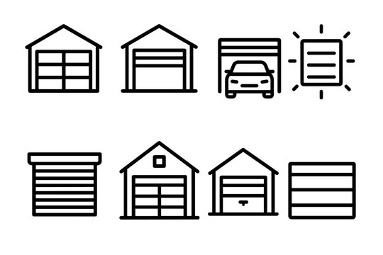 Garage Door Icons. Garage Door icons in outline style: closed garage with panels, open garage icon, car entering garage, glowing door outline,