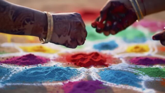 Hands creating a colorful rangoli design using vibrant powdered pigments.