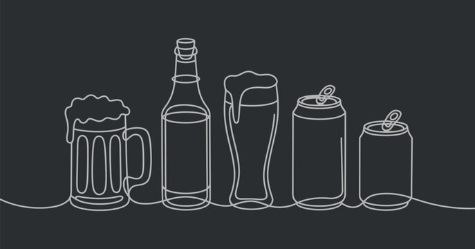 Beer Mug Bottle and Cans Continuous Line Art Drawing for Oktoberfest Pub Design
