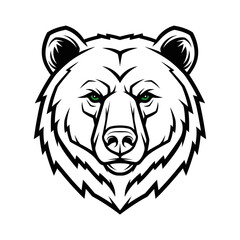 Close-up black and white graphic of a bear's head, detailed features, intense gaze.