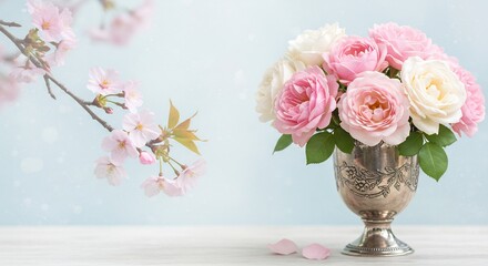 Obraz premium Roses fraîches et fleurs de cerisier baignées de lumière douce un élégant bouquet printanier posé sur une table claire. AI Generated