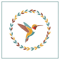 Obraz premium A colorful illustration of a hummingbird in flight, surrounded by a decorative wreath of leaves.
