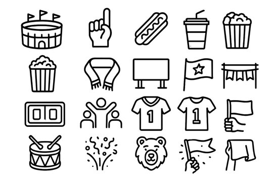 Game Day Icons. Game Day Icons icons in outline style: stadium building, foam finger, hotdog snack, soda cup, popcorn box, team scarf, big screen,