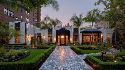 Obraz premium Modern luxurious house with symmetrical facade, dark archway entrance, glass panel door, lit wall sconces,