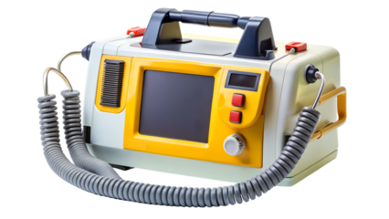 Portable defibrillator isolated on transparent background, a lifesaving medical device used to restore normal heart rhythm in emergency situations
