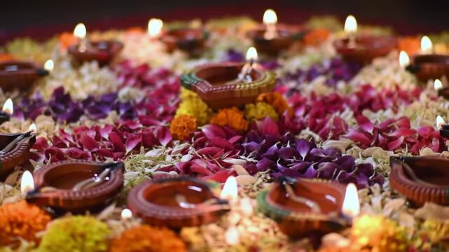 A vibrant and intricate arrangement of clay oil lamps and colorful flower petals, illuminated by flickering flames, creating a festive and spiritual ambiance.