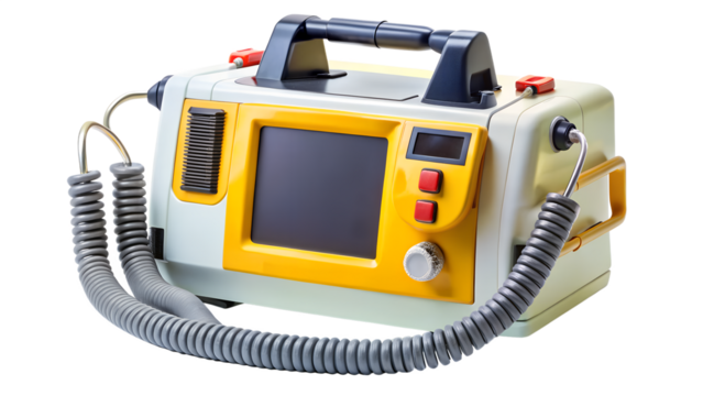 Portable defibrillator isolated on transparent background, a lifesaving medical device used to restore normal heart rhythm in emergency situations
