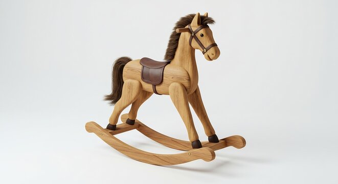 Magnifique cheval &agrave; bascule en bois jouet enfantin &eacute;clair&eacute; doucement ambiance chaleureuse design intemporel minimaliste.. AI Generated