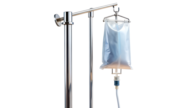 Iv bag isolated on transparent background, a medical device used for intravenous therapy to deliver fluids and medication directly into the bloodstream