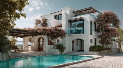 Fototapeta premium A luxurious two-story modern villa with white clean lines, large glass windows, climbing pink flowering plants,