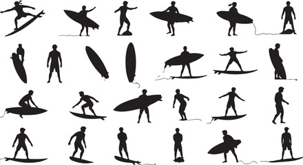 PrintSurfing silhouette collection, wave rider poses, beach sport action, surfboard tricks, coastal lifestyle, black outline, ocean movement, athletic stance, freedom