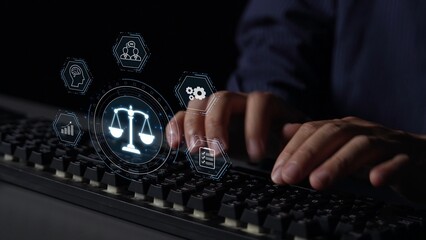Futuristic digital law interface displaying justice scale, highlighting digital law, AI compliance,...