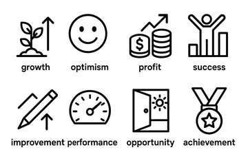 Fototapeta premium Growth and Success Icons. Concepts icons in outline style: growth, optimism, profit, success, improvement, performance, opportunity, achievement