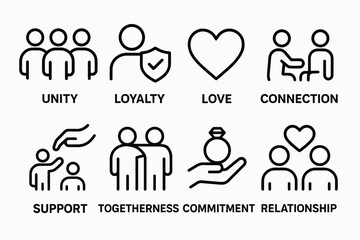 Fototapeta premium Unity and Togetherness Icons. Concepts icons in outline style: unity, loyalty, love, connection, support, togetherness, commitment, relationship