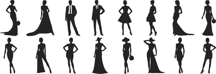 Fashion silhouettes, stylish poses, formal and casual wear, black icons, male and female figures, accessories, runway stance, elegant attire, wardrobe variety