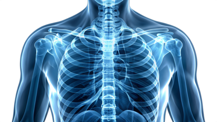 Anatomical illustration of the human ribcage and shoulder bones isolated on transparent background, showcasing the skeletal structure of the upper body
