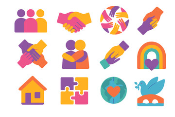 Fototapeta premium Unity and Diversity Icons. Community helpful guide in modern flat vector : group silhouettes, handshake, unity circle, diversity hands, supportive hug