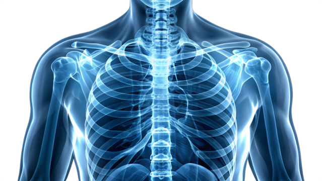 Anatomical illustration of the human ribcage and shoulder bones isolated on transparent background, showcasing the skeletal structure of the upper body