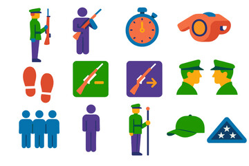 Fototapeta premium Military Drill Icons. Drill and protocol in modern flat vector : rifle drill pose, manual of arms diagram, timing stopwatch, drill instructor whistle,