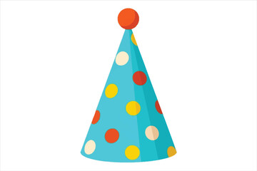 Vector art of a festive blue party hat with colorful polka dots and an orange pompom, perfect for celebrations and birthdays