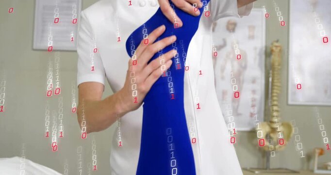 Therapist lifting patient leg, pulling compression stocking animating pressure arrows ensuring fit