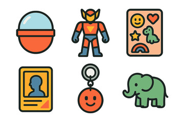 Modern Collectible Icons. Collectible toys in modern flat vector : capsule ball, action figure, sticker sheet, trading card, keychain, mini animal. .
