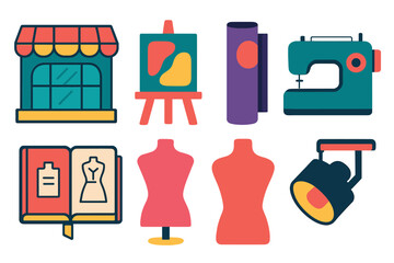 Modern Boutique Icons. Artistic boutique in modern flat vector : boutique window, easel, abstract painting, fabric roll, sewing machine, sketchbook,