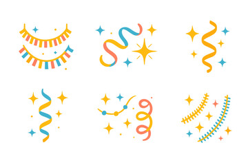 Fototapeta premium Vibrant Festive Decorations. Festive sparkle in modern flat vector : hanging tinsel, spiral garland, glimmer strand, bright halo, twinkling flare,