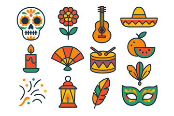 Festive Skull Icons. Festive skull makeup in modern flat vector : skull face, marigold, guitar, sombrero, candle, fan, drum, fruit, confetti, lantern,