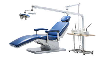 Ergonomic dental chair isolated on transparent background, designed for patient comfort and efficient dental procedures, featuring adjustable settings and integrated equipment