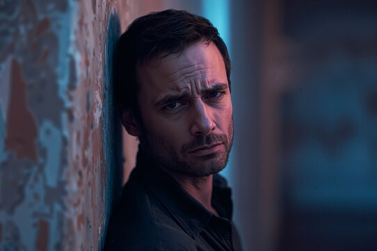 Man leaning against wall looking upset in dimly lit corridor